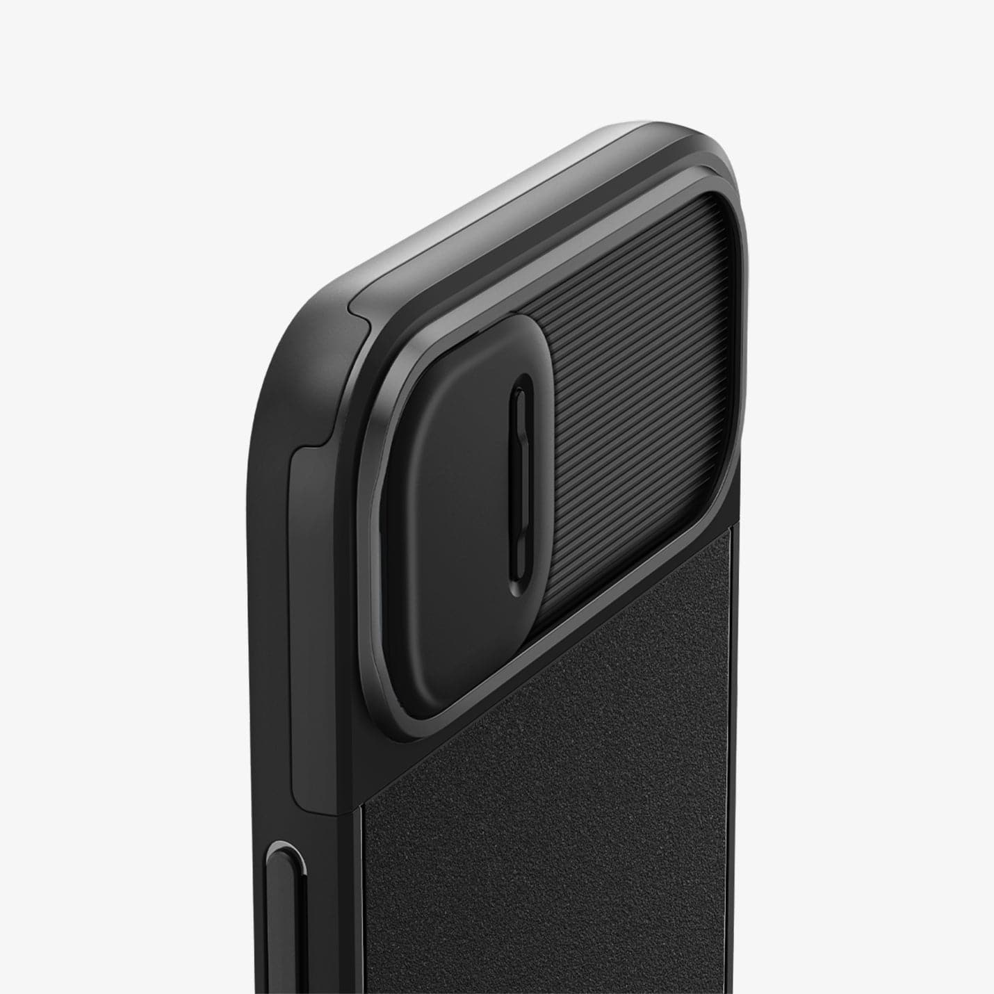 ACS05070 - iPhone 14 Case Optik Armor (MagFit) in black showing the back zoomed in on camera lens with optik lens slot closed