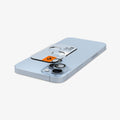 AGL07166 - iPhone 15 / 15 Plus Optik Pro Lens Protector in blue showing the back with device laying flat and lens protector and ez fit tray hovering slightly above camera lens