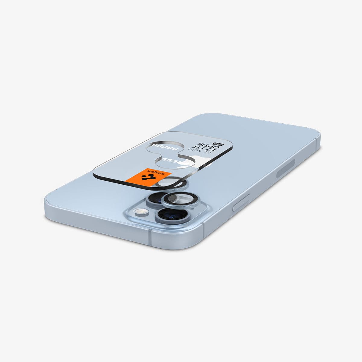 AGL07166 - iPhone 15 / 15 Plus Optik Pro Lens Protector in blue showing the back with device laying flat and lens protector and ez fit tray hovering slightly above camera lens