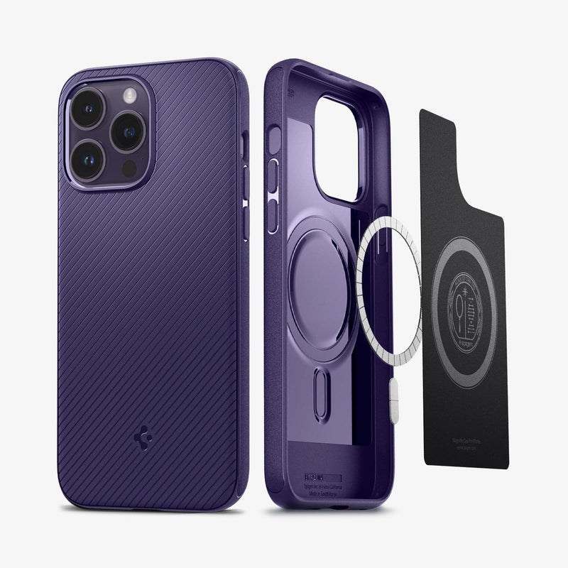 ACS05588 - iPhone 14 Pro Case Mag Armor (MagFit) in deep purple showing the back and inside with mag layers