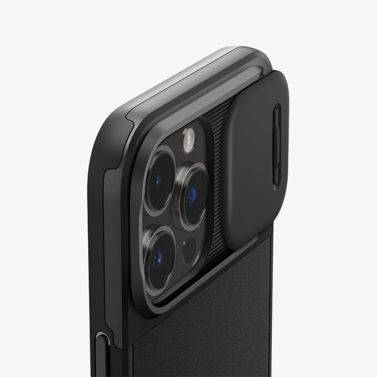 ACS04993 - iPhone 14 Pro Case Optik Armor (MagFit) in black showing the back, side and top zoomed in on the camera lens with optik lens slot open