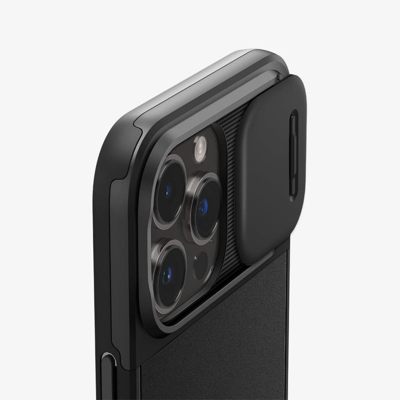 ACS04993 - iPhone 14 Pro Case Optik Armor (MagFit) in black showing the back, side and top zoomed in on the camera lens with optik lens slot open