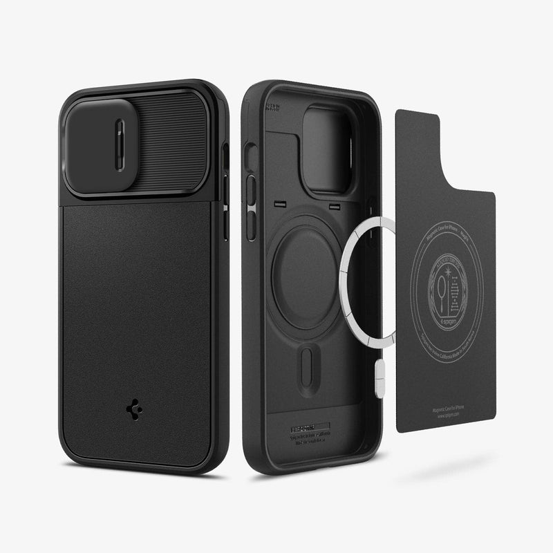 ACS04993 - iPhone 14 Pro Case Optik Armor (MagFit) in black showing the back and inside of case with magnetic ring layers