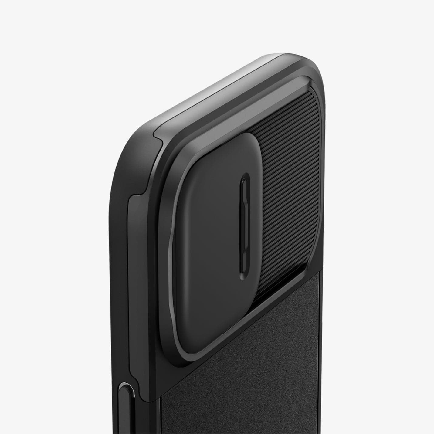 ACS04993 - iPhone 14 Pro Case Optik Armor (MagFit) in black showing the back, top and side zoomed in on camera lens with optik lens slot closed