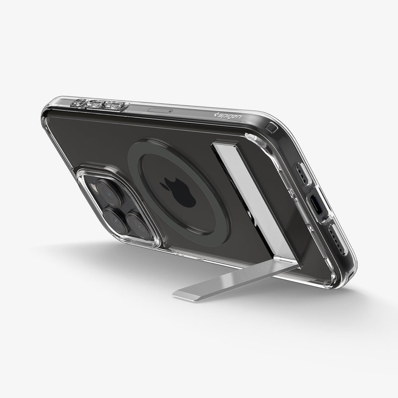 ACS06584 - iPhone 15 Pro Max Case Ultra Hybrid S (MagFit) in graphite showing the back and bottom with device propped up by built in kickstand