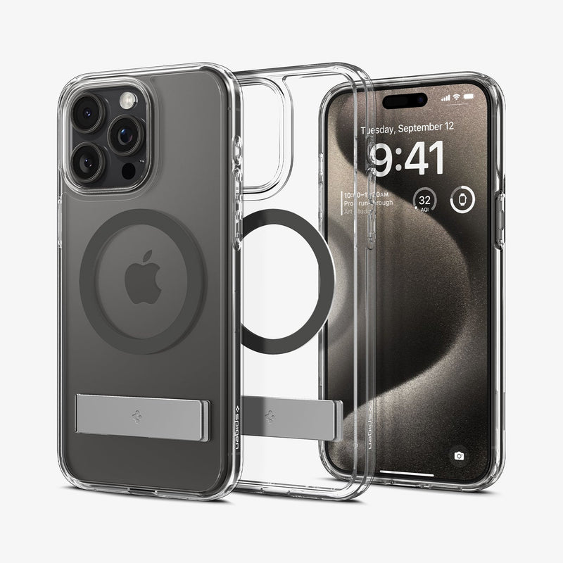 ACS06584 - iPhone 15 Pro Max Case Ultra Hybrid S (MagFit) in graphite showing the back, inside and front