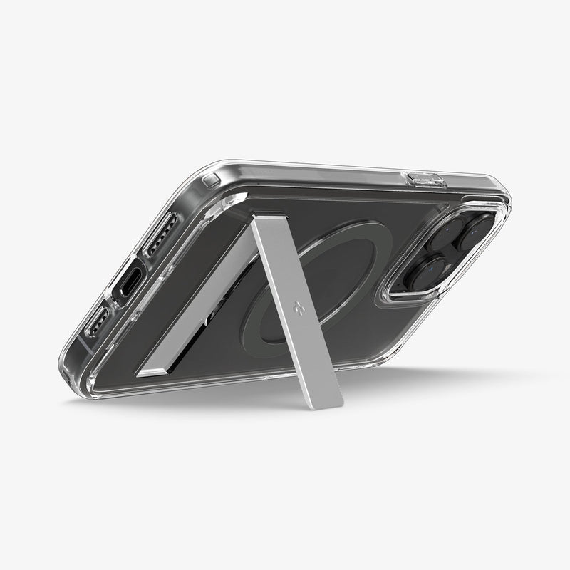 ACS06584 - iPhone 15 Pro Max Case Ultra Hybrid S (MagFit) in graphite showing the back with device propped up by built in kickstand
