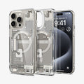 ACS07216 - iPhone 15 Pro Case Ultra Hybrid Zero One (MagFit) in Zero One Natural Titanium showing the back, next to it, a partial inner case and partial front