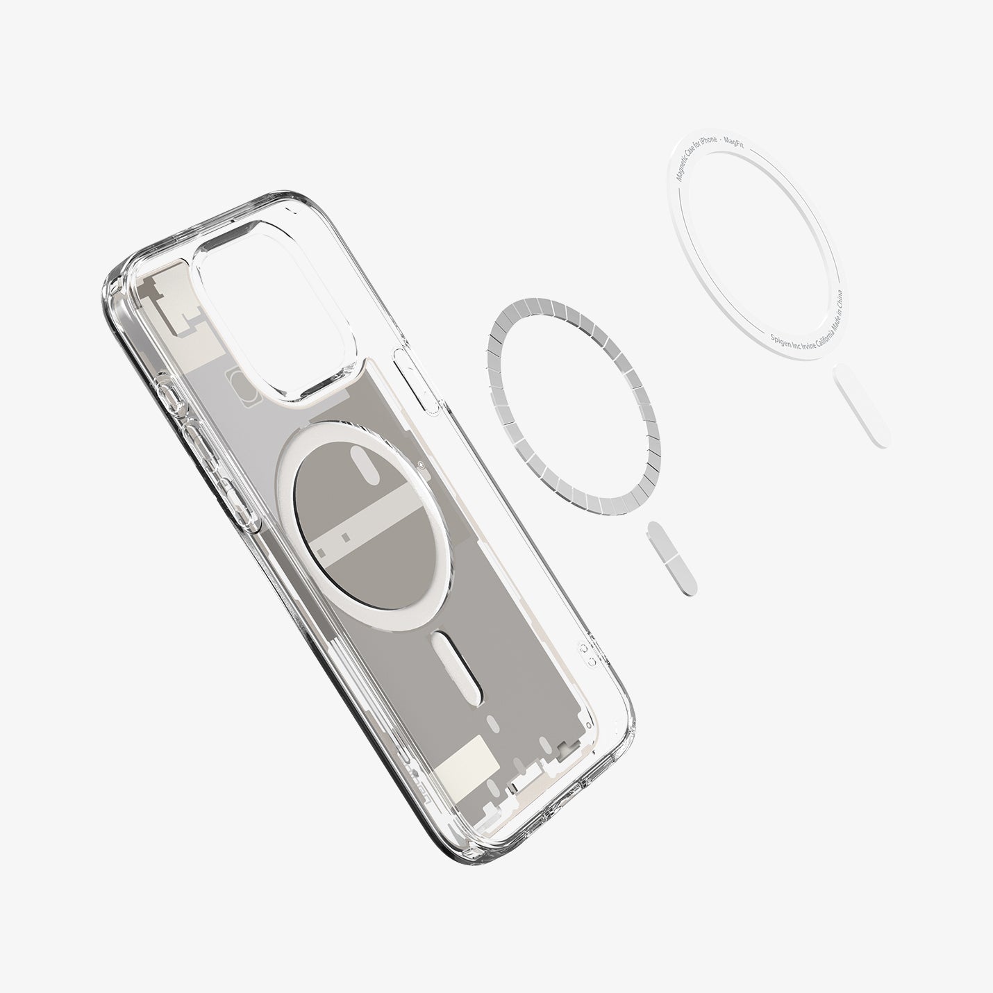 ACS07216 - iPhone 15 Pro Case Ultra Hybrid Zero One (MagFit) in Zero One Natural Titanium showing the detached mag rings hovering above showing the inner case