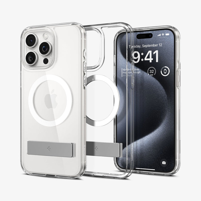 ACS06722 - iPhone 15 Pro Case Ultra Hybrid S (MagFit) in crystal clear showing the back, inside and front