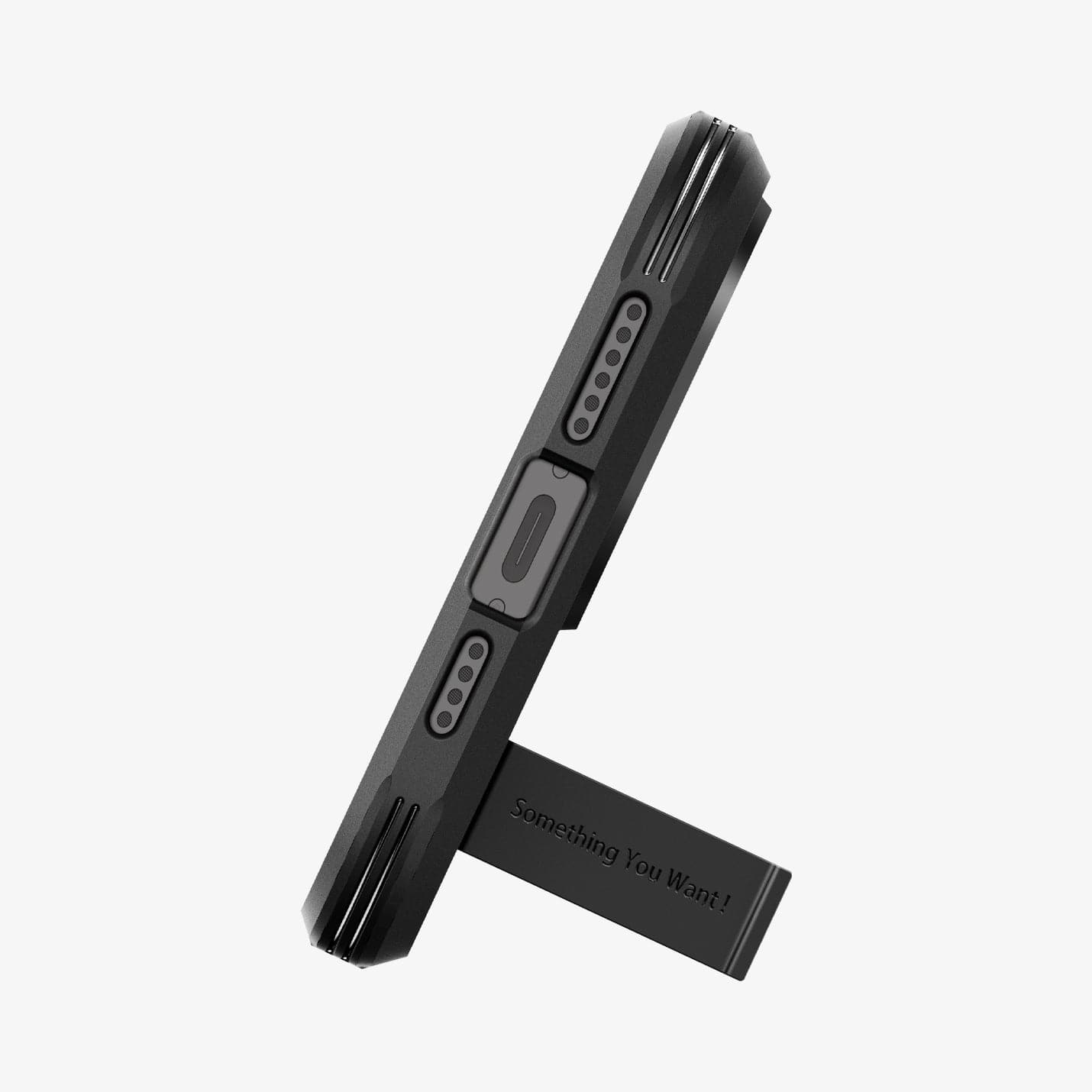 ACS06594 - iPhone 15 Pro Max Case Tough Armor (MagFit) in black showing the bottom with device propped up by built in kickstand