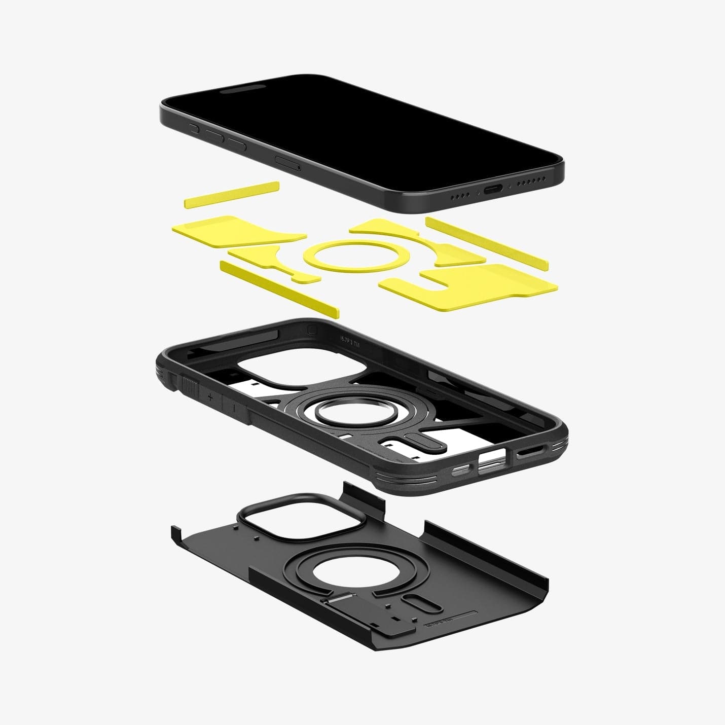 ACS06594 - iPhone 15 Pro Max Case Tough Armor (MagFit) in black showing the hard pc, soft tpu, impact foam and device