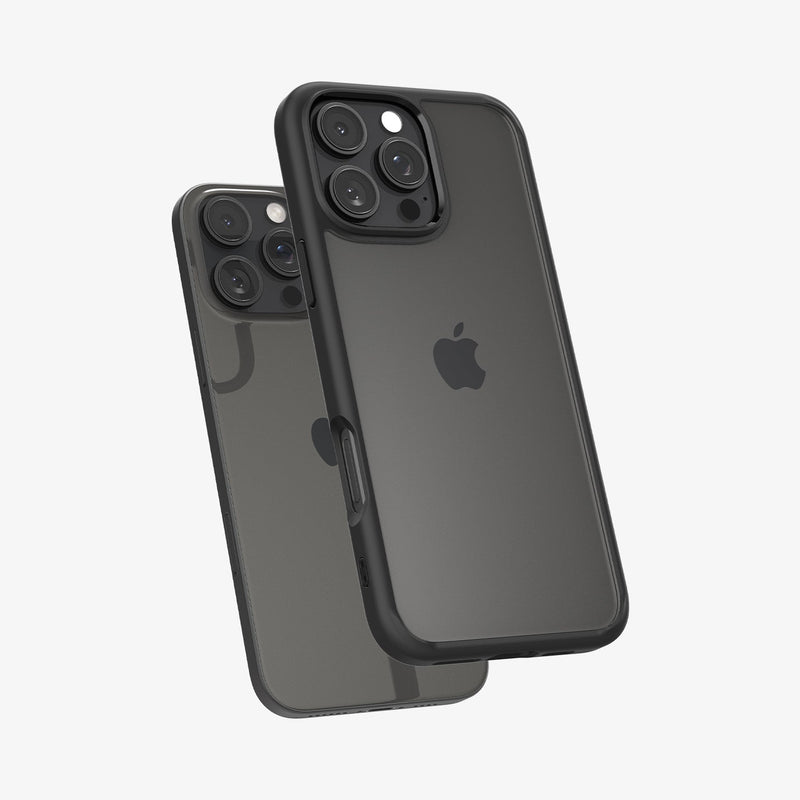 ACS07996 - iPhone 16 Pro Max Case Ultra Hybrid in Matte Black showing the back and partial side hovering in front of another device