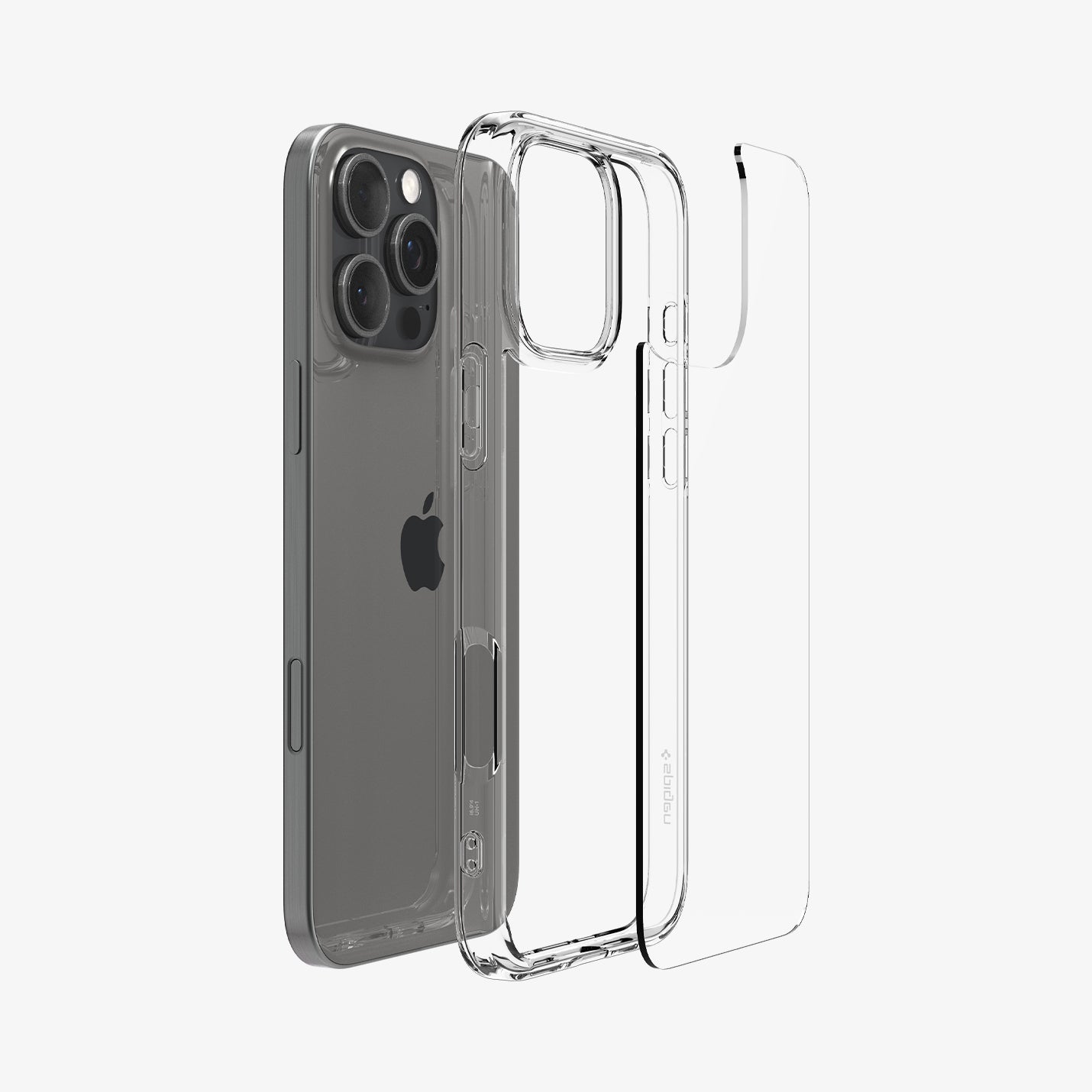 ACS07992 - iPhone 16 Pro Max Case Ultra Hybrid in Crystal Clear showing the back, detached from the frame of the case aligned with the device