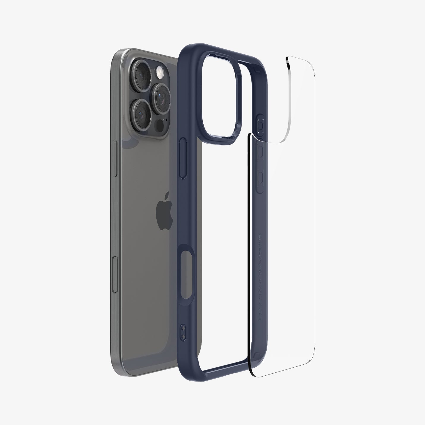 ACS07997 - iPhone 16 Pro Max Case Ultra Hybrid in Navy Blue showing the back, detached from the frame of the case aligned with the device