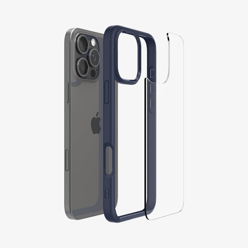 ACS07997 - iPhone 16 Pro Max Case Ultra Hybrid in Navy Blue showing the back, detached from the frame of the case aligned with the device