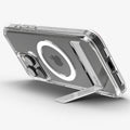 ACS08142 - iPhone 16 Pro Case Ultra Hybrid S (MagFit) in Crystal Clear showing the back, partial sides and bottom, propped up with a built-in kickstand