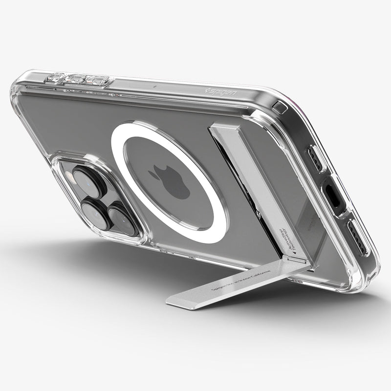 ACS08009 - iPhone 16 Pro Max Case Ultra Hybrid S (MagFit) in Crystal Clear showing the back, partial sides and bottom, propped up with a built-in kickstand