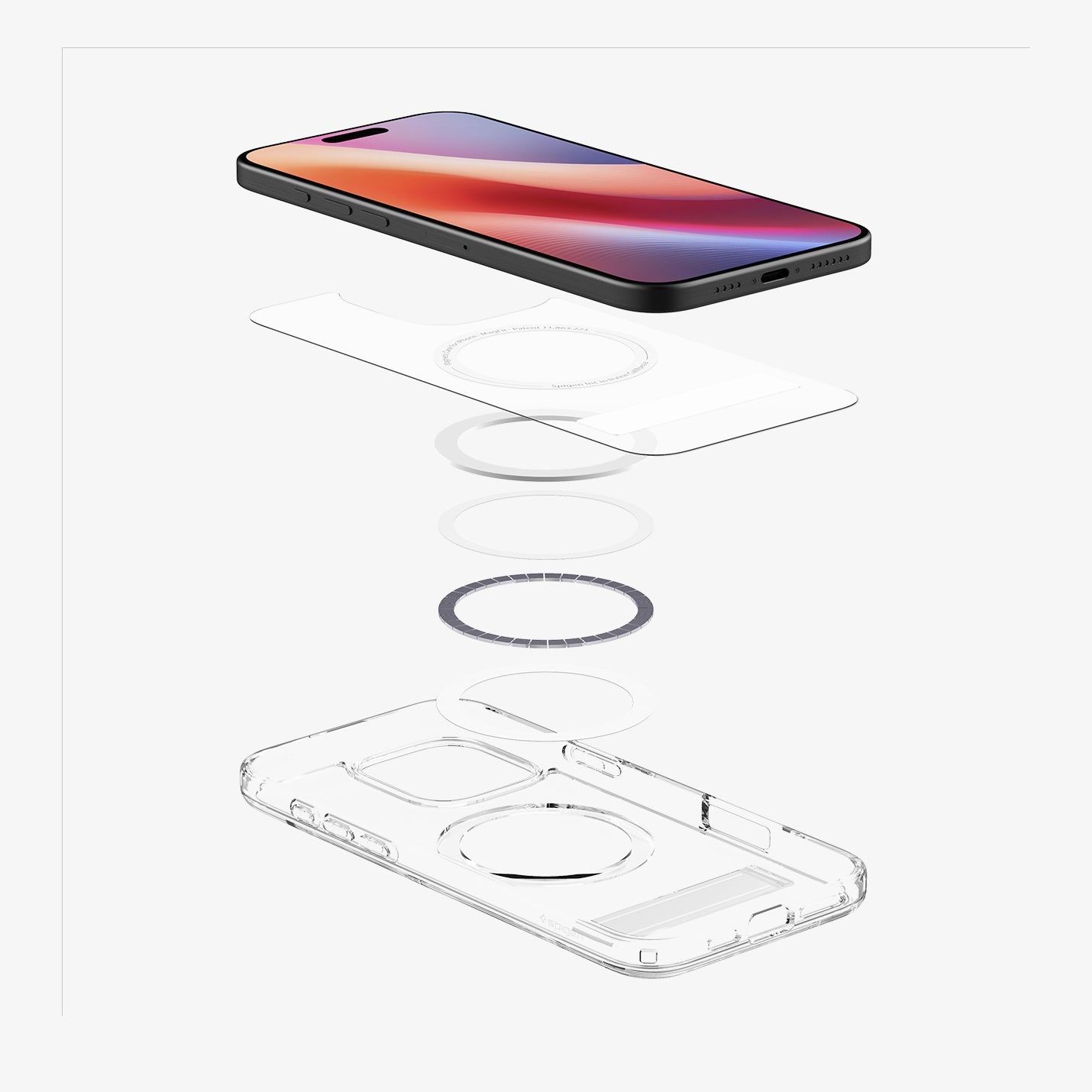ACS08142 - iPhone 16 Pro Case Ultra Hybrid S (MagFit) in Crystal Clear showing the device hovering above detached part of the back cover, magnet ring plate and back cover showing inner side