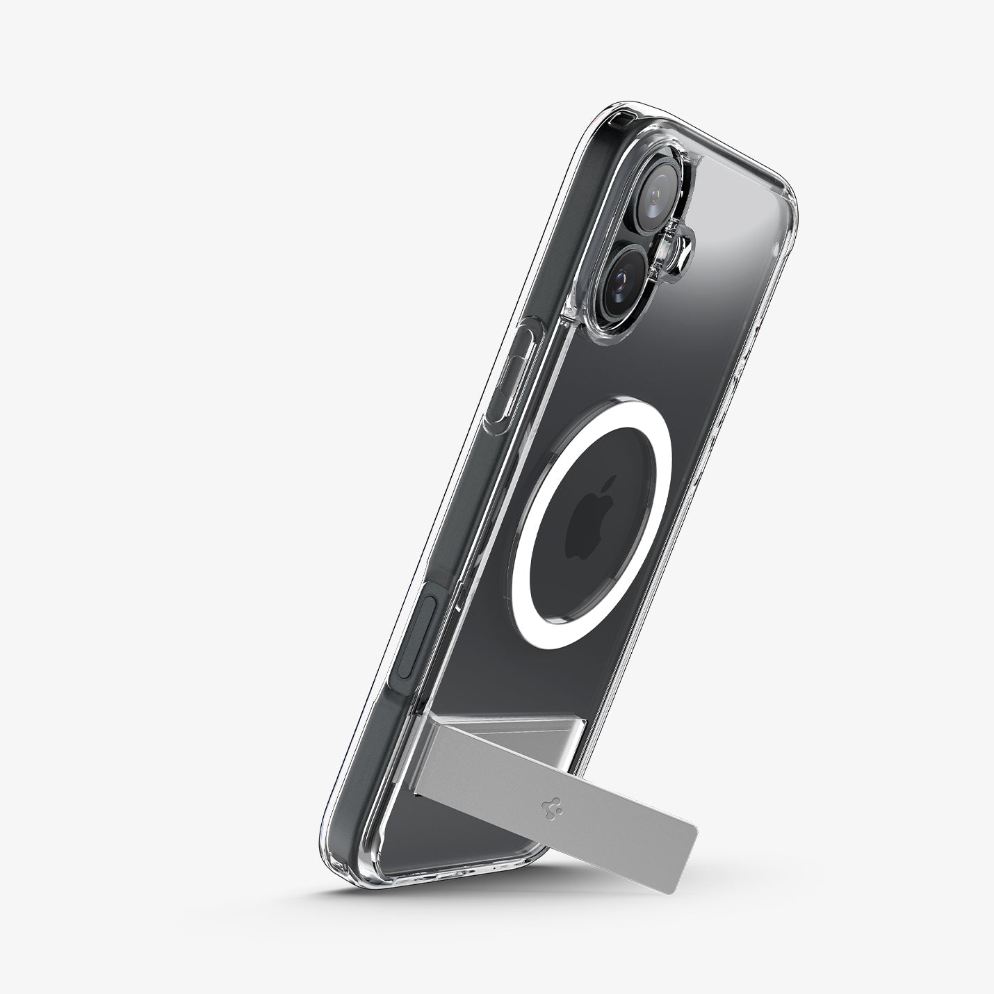 ACS08212 - iPhone 16 Case Ultra Hybrid S (MagFit) in Crystal Clear showing the back, partial side propped up with a built-in kickstand in portrait style
