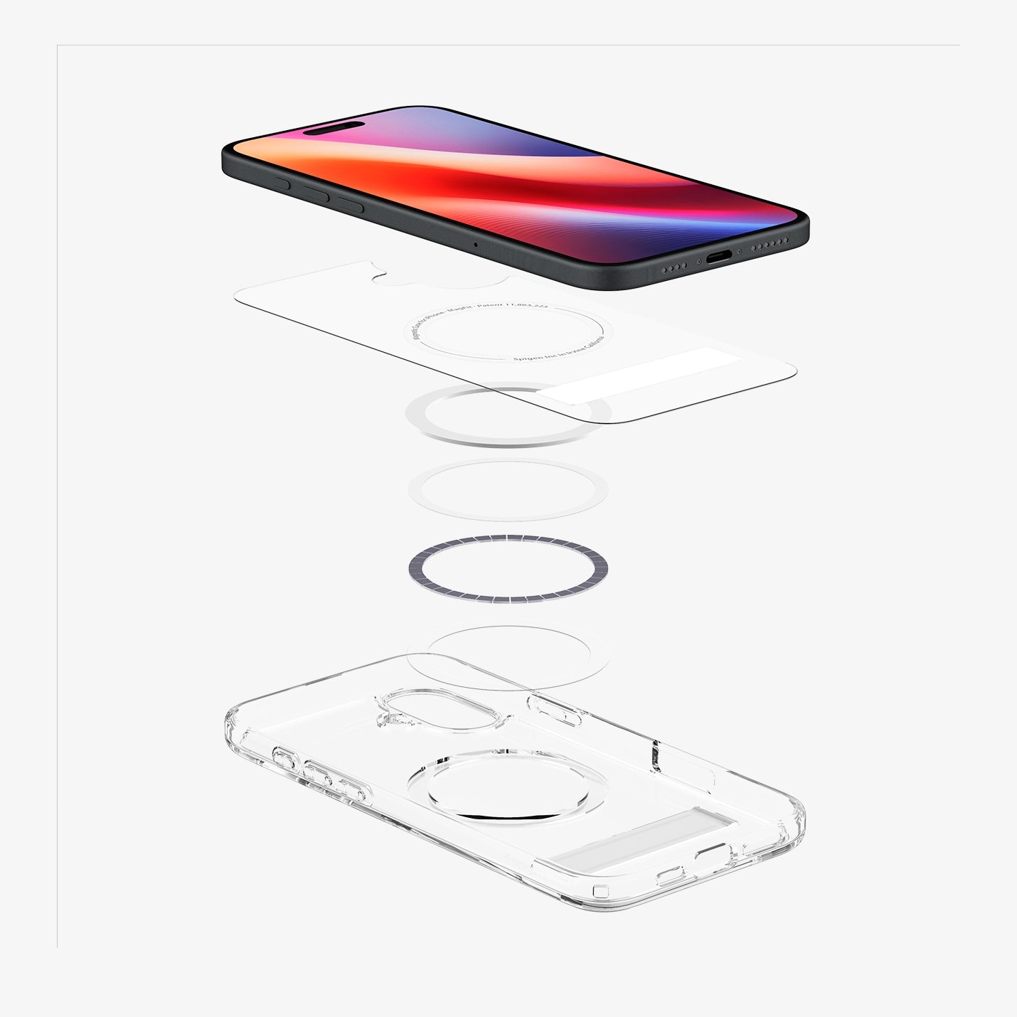 ACS08212 - iPhone 16 Case Ultra Hybrid S (MagFit) in Crystal Clear showing the device hovering above detached part of the back cover, magnet ring plate and back cover showing inner side
