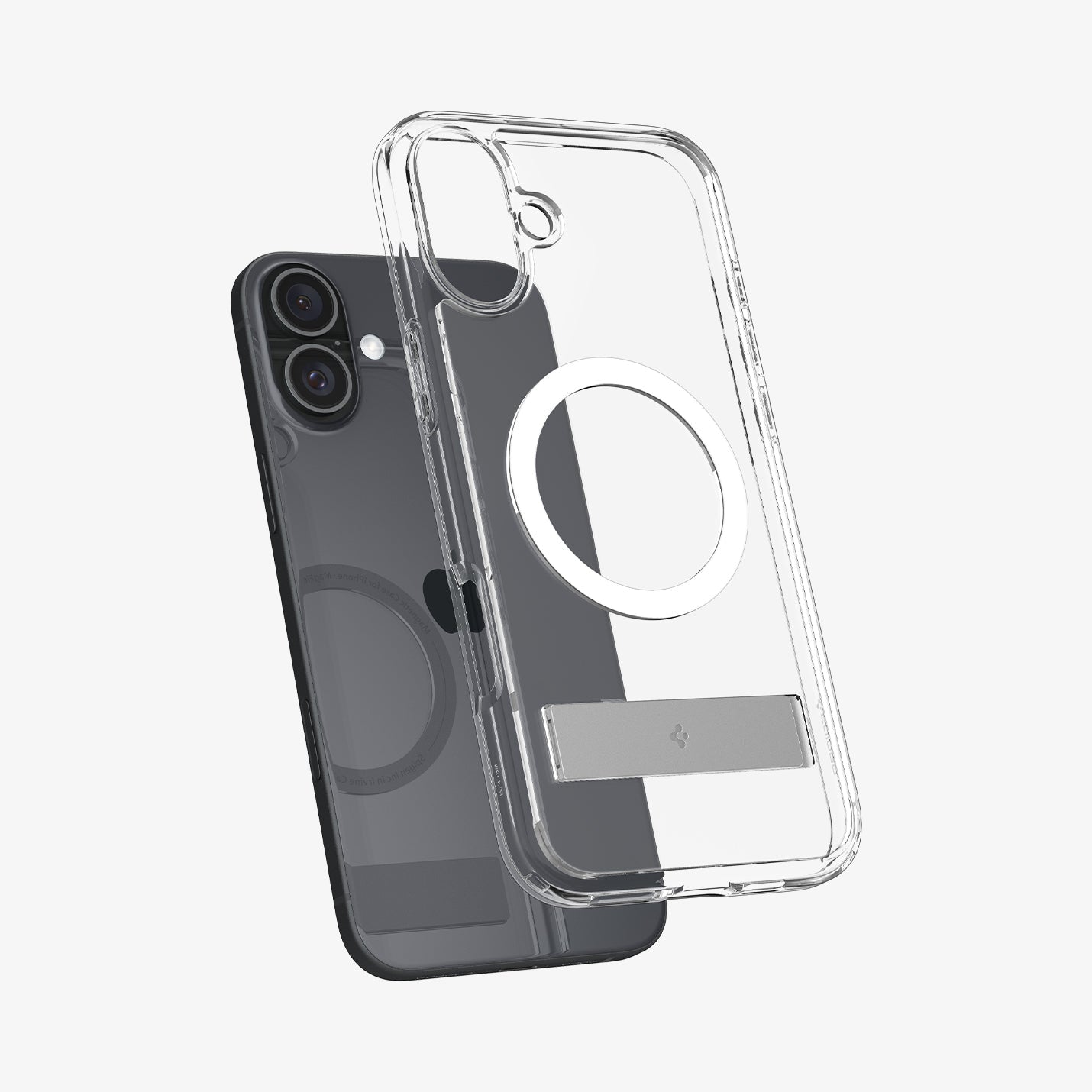 ACS08212 - iPhone 16 Case Ultra Hybrid S (MagFit) in Crystal Clear showing the back, hovering in front of a device