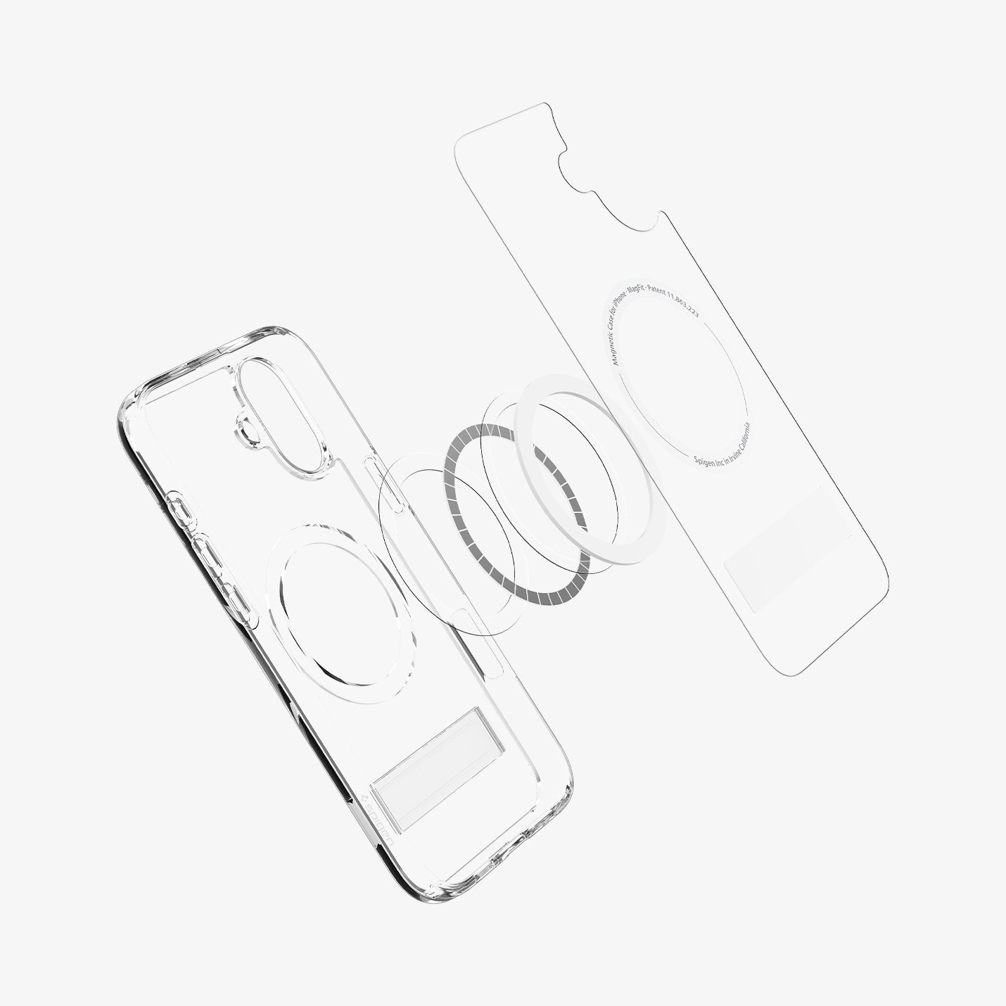 ACS08212 - iPhone 16 Case Ultra Hybrid S (MagFit) in Crystal Clear showing the back cover detached, hovering in front of the magsafe ring metal plate and the case showing inner side