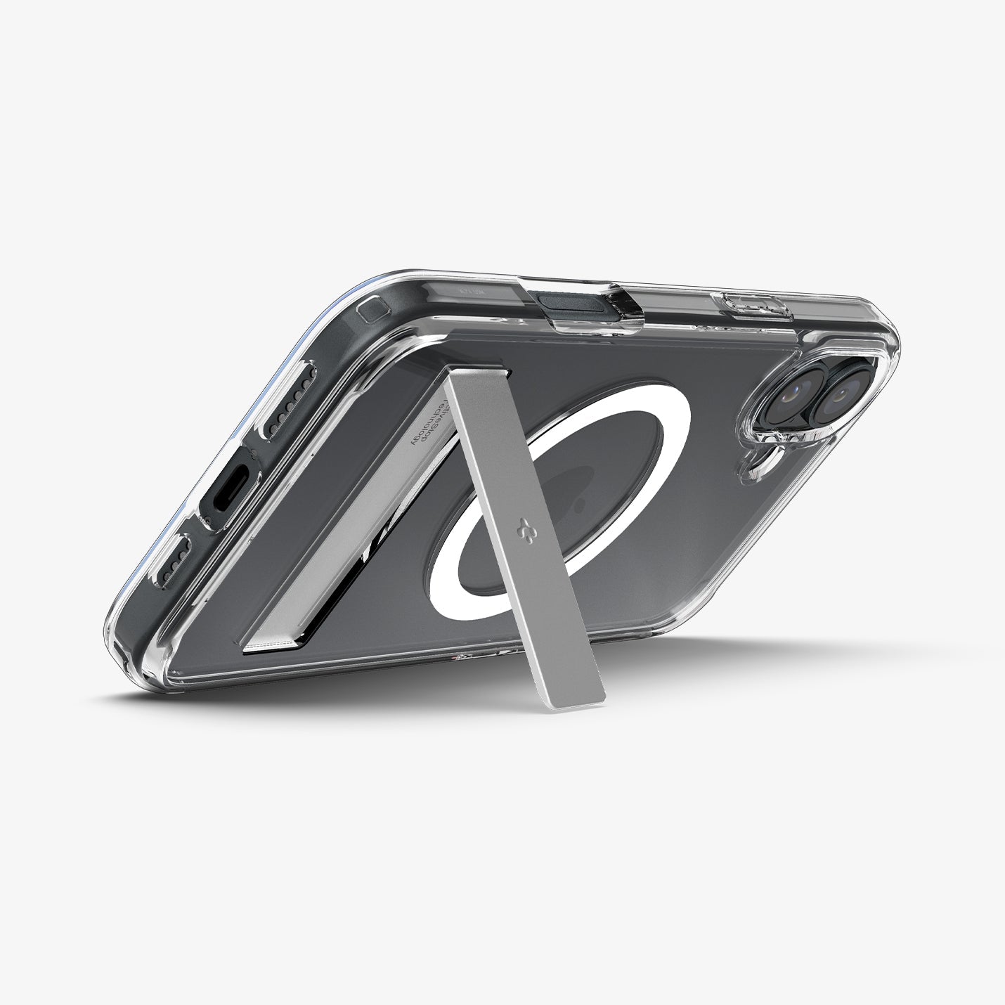 ACS08212 - iPhone 16 Case Ultra Hybrid S (MagFit) in Crystal Clear showing the back, partial sides and bottom, propped up with a built-in kickstand