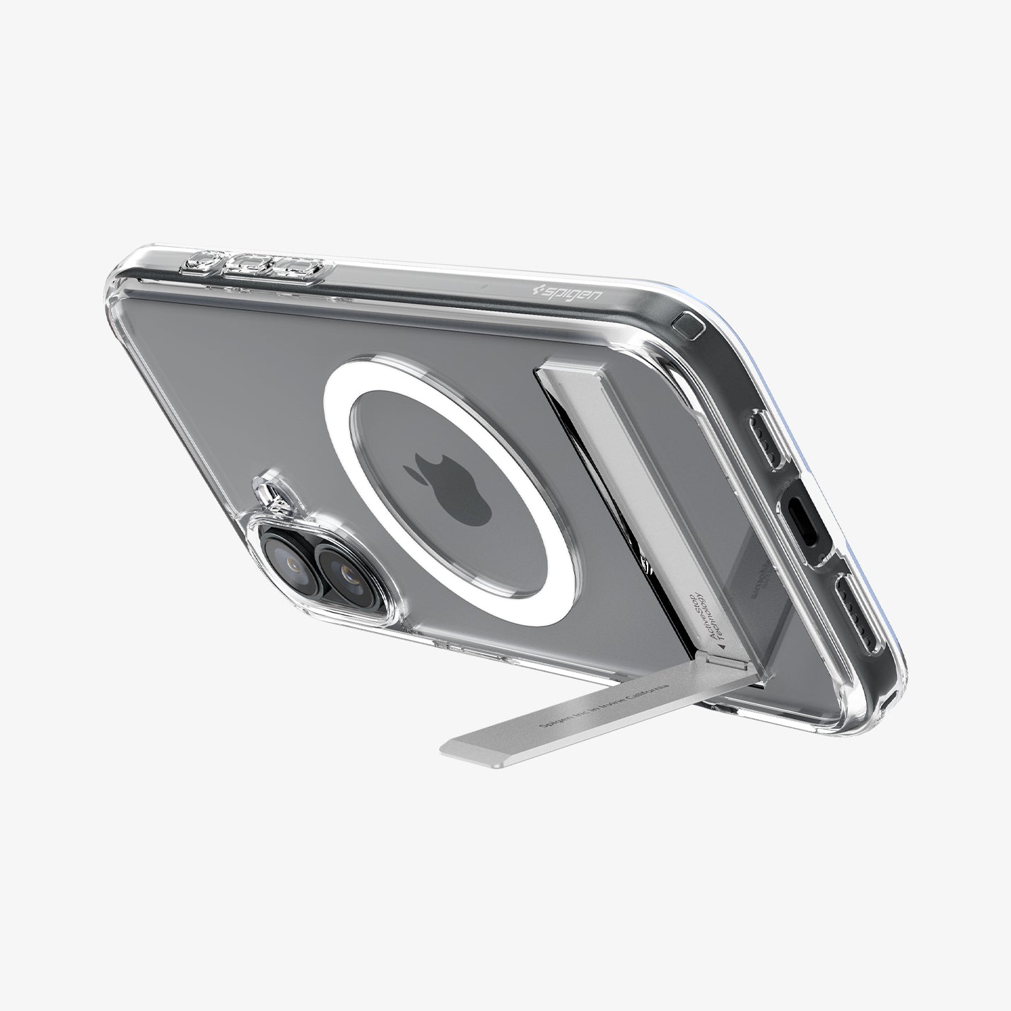 ACS08212 - iPhone 16 Case Ultra Hybrid S (MagFit) in Crystal Clear showing the back, partial side and bottom, propped up with a built-in kickstand