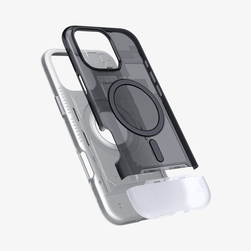 ACS08018 - iPhone 16 Pro Max Case Classic C1 (MagFit) in Graphite showing the back cover, partially hovering in front of the detached back of the case