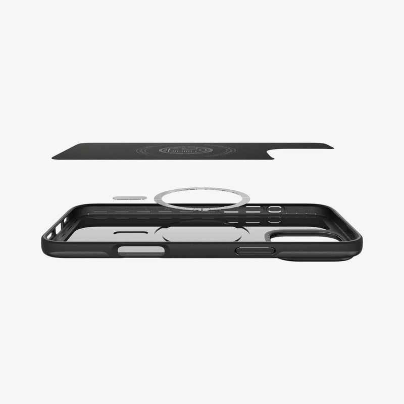 ACS07978 - iPhone 16 Pro Max Case Thin Fit (MagFit) in Black showing the inner layer hovering above the detached magnet ring plate and the case
