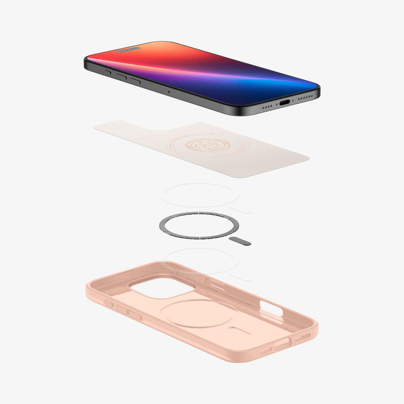 ACS08686 - iPhone 16 Pro Max Case Thin Fit (MagFit) in Rose Titanium showing the device hovering above the detached inner layer, metal ring plate and the case