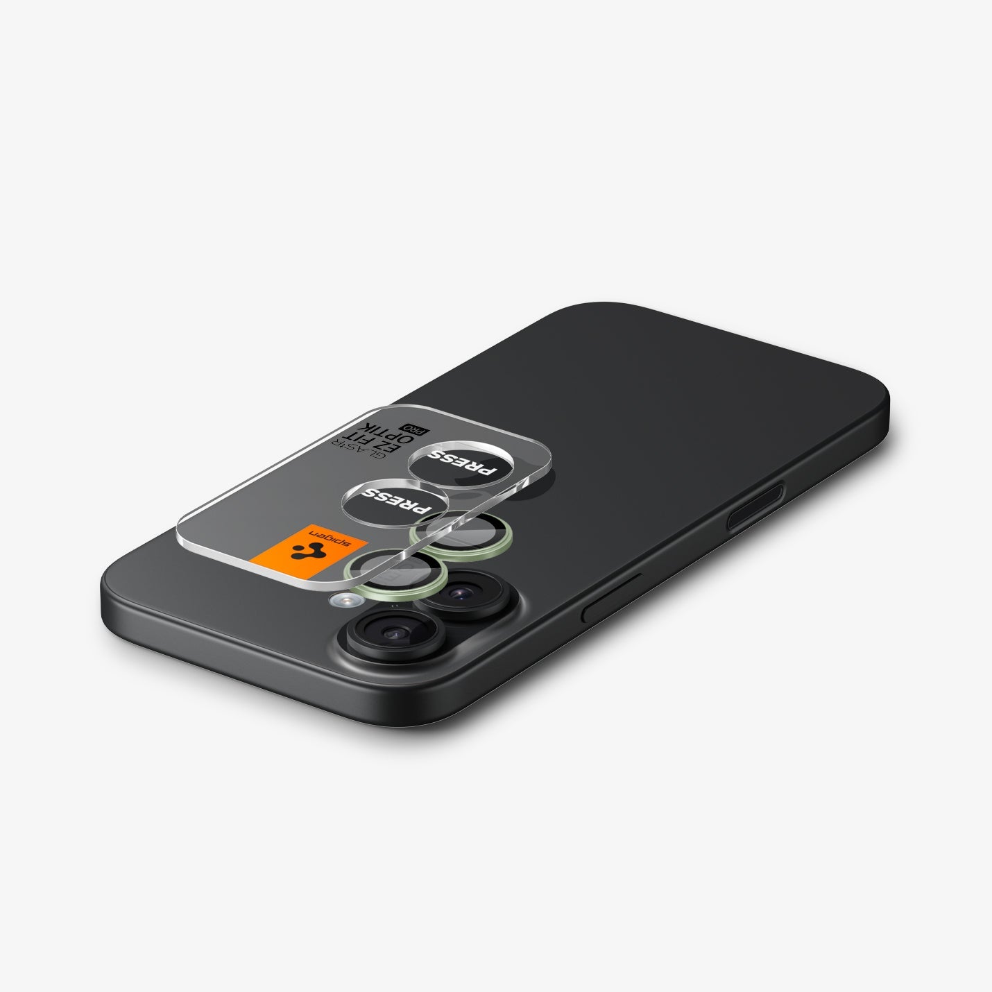 AGL10128 - iPhone 17 Optik Pro EZ Fit Lens Protector in green showing the ez fit tray hovering above the camera lens