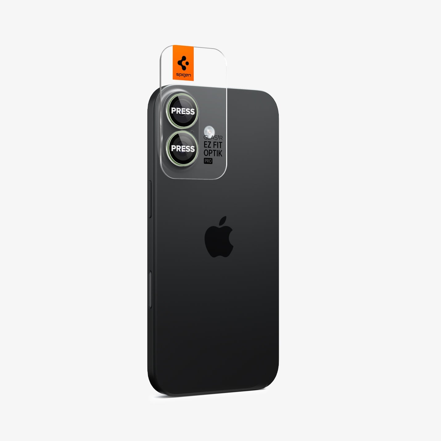 AGL10128 - iPhone 17 Optik Pro EZ Fit Lens Protector in green showing the back and side with ez fit tray installed onto device