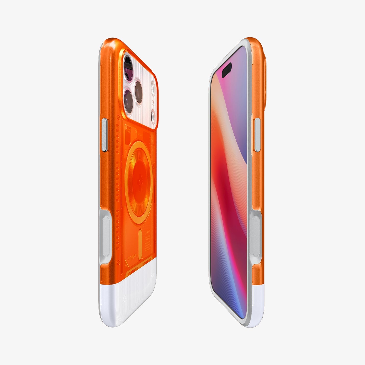ACS09963 - iPhone 17 Pro Case Classic C1 (MagFit) in tangerine showing the sides, partial front and back