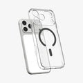 ACS10036 - iPhone 17 Pro Max Ultra Hybrid (MagFit) in Clear Graphite showing the front of layer hovering above the magfit magnet plate and the case