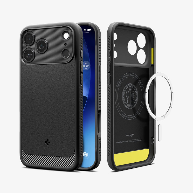 ACS09940 - iPhone 17 Pro Rugged Armor (MagFit) in Matte Black showing the back, partial sides, front, inner of the case and metal ring plate hovering in front