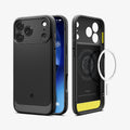 ACS09886 - iPhone 17 Pro Max Rugged Armor (MagFit) in Matte Black showing the back, partial sides, front, inner of the case and metal ring plate hovering in front