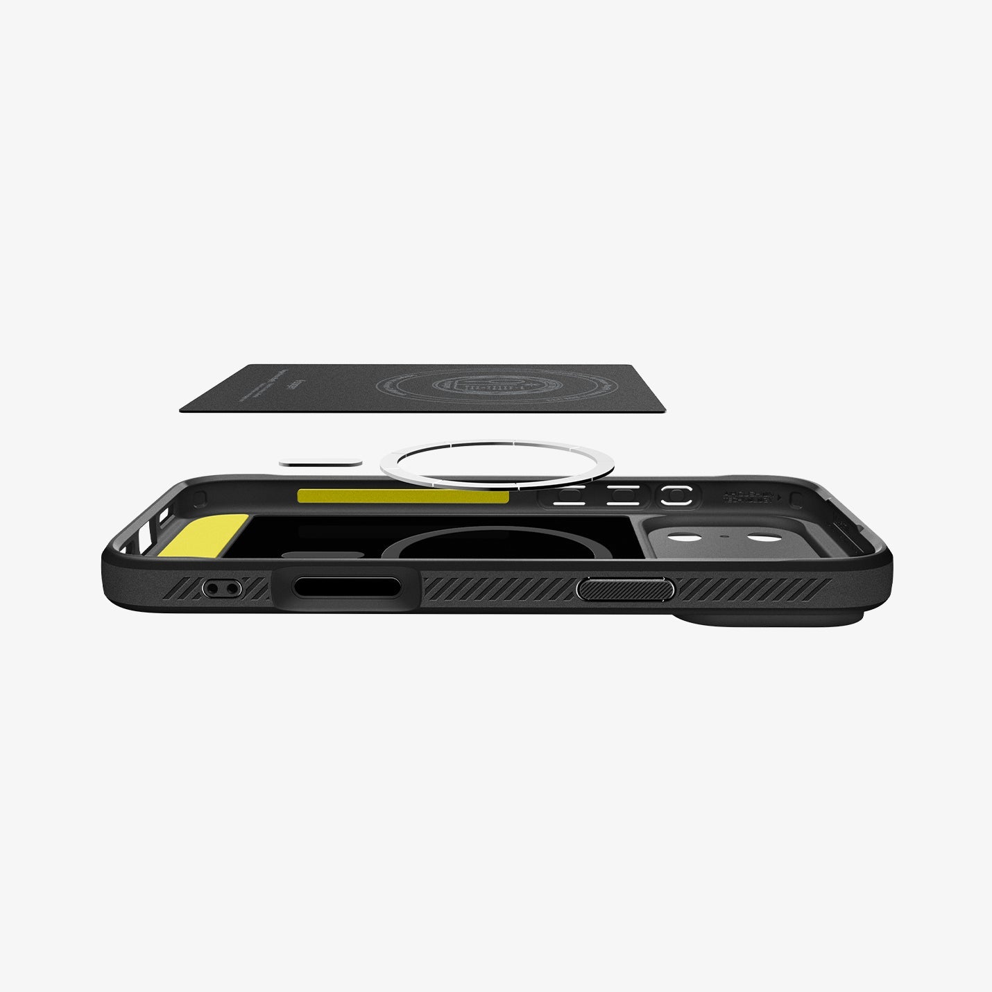 ACS09886 - iPhone 17 Pro Max Rugged Armor (MagFit) in Matte Black showing the detached inner soft layer cover hovering above the detached metal ring plate and the inner of the case