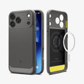 ACS09941 - iPhone 17 Pro Rugged Armor (MagFit) in Gray showing the back, partial sides, front, inner of the case and metal ring plate hovering in front