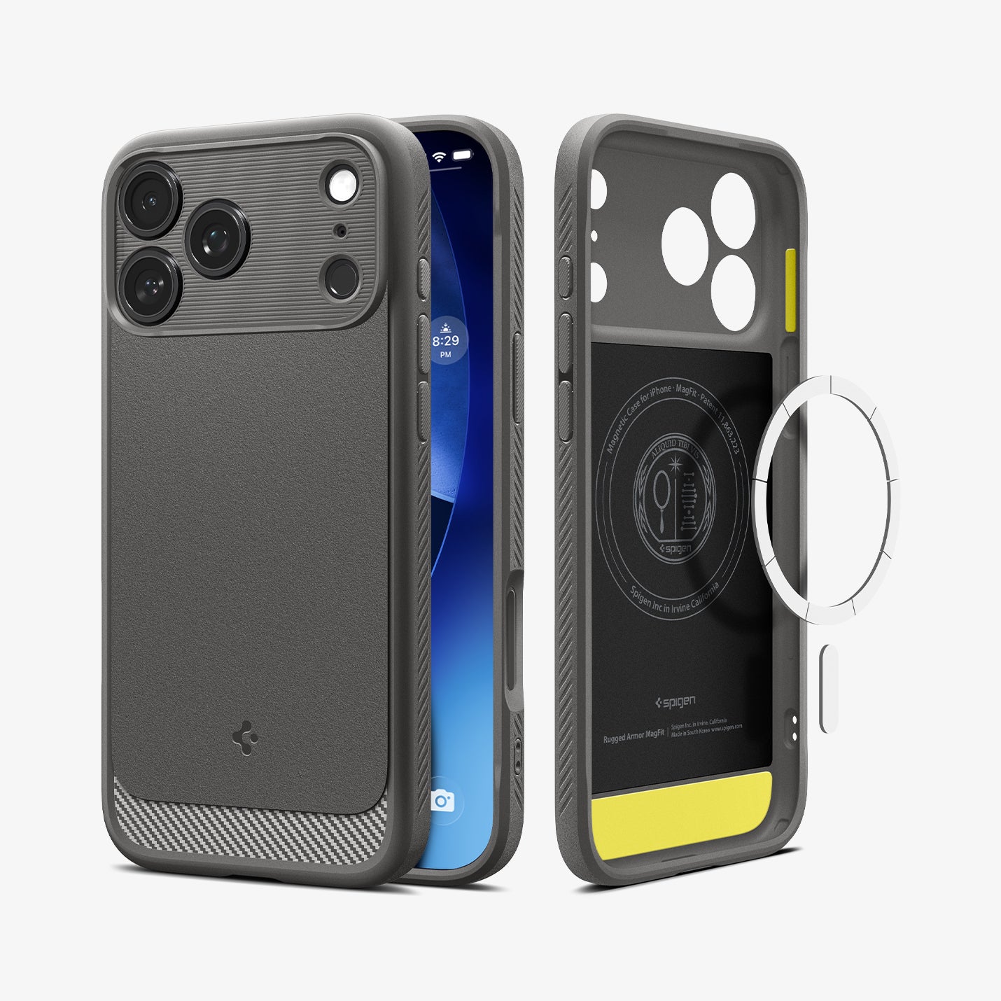 ACS09941 - iPhone 17 Pro Rugged Armor (MagFit) in Gray showing the back, partial sides, front, inner of the case and metal ring plate hovering in front