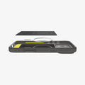 ACS09941 - iPhone 17 Pro Rugged Armor (MagFit) in Gray showing the detached inner soft layer cover hovering above the detached metal ring plate and the inner of the case
