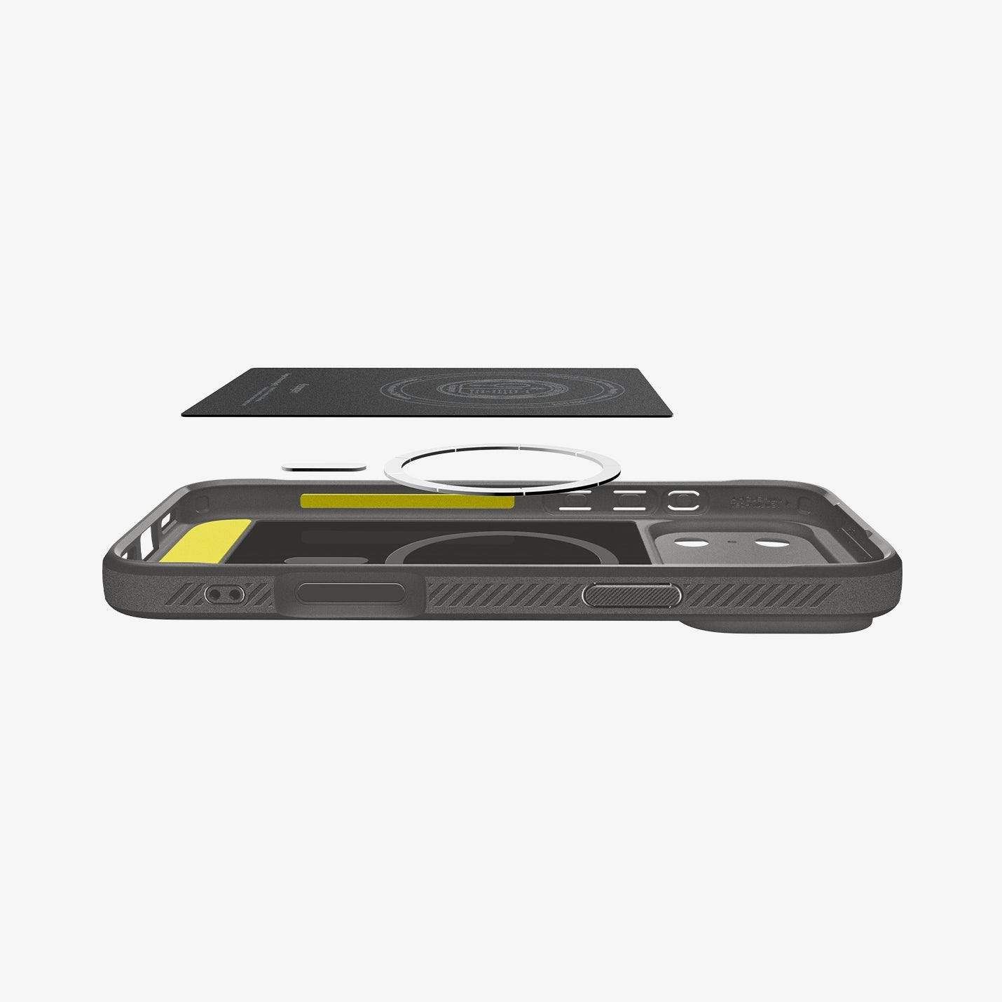ACS09941 - iPhone 17 Pro Rugged Armor (MagFit) in Gray showing the detached inner soft layer cover hovering above the detached metal ring plate and the inner of the case