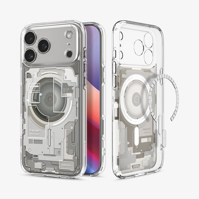 ACS10041_- iPhone 17 Pro Max Case Ultra Hybrid Zero One (MagFit) in Zero One Natural Titanium showing the back, partial front, and inner while detached magnet is hovering in front of the case