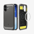 ACS09976 - iPhone 17 Rugged Armor (MagFit) in Gray showing the back, partial sides, front, inner of the case and metal ring plate hovering in front