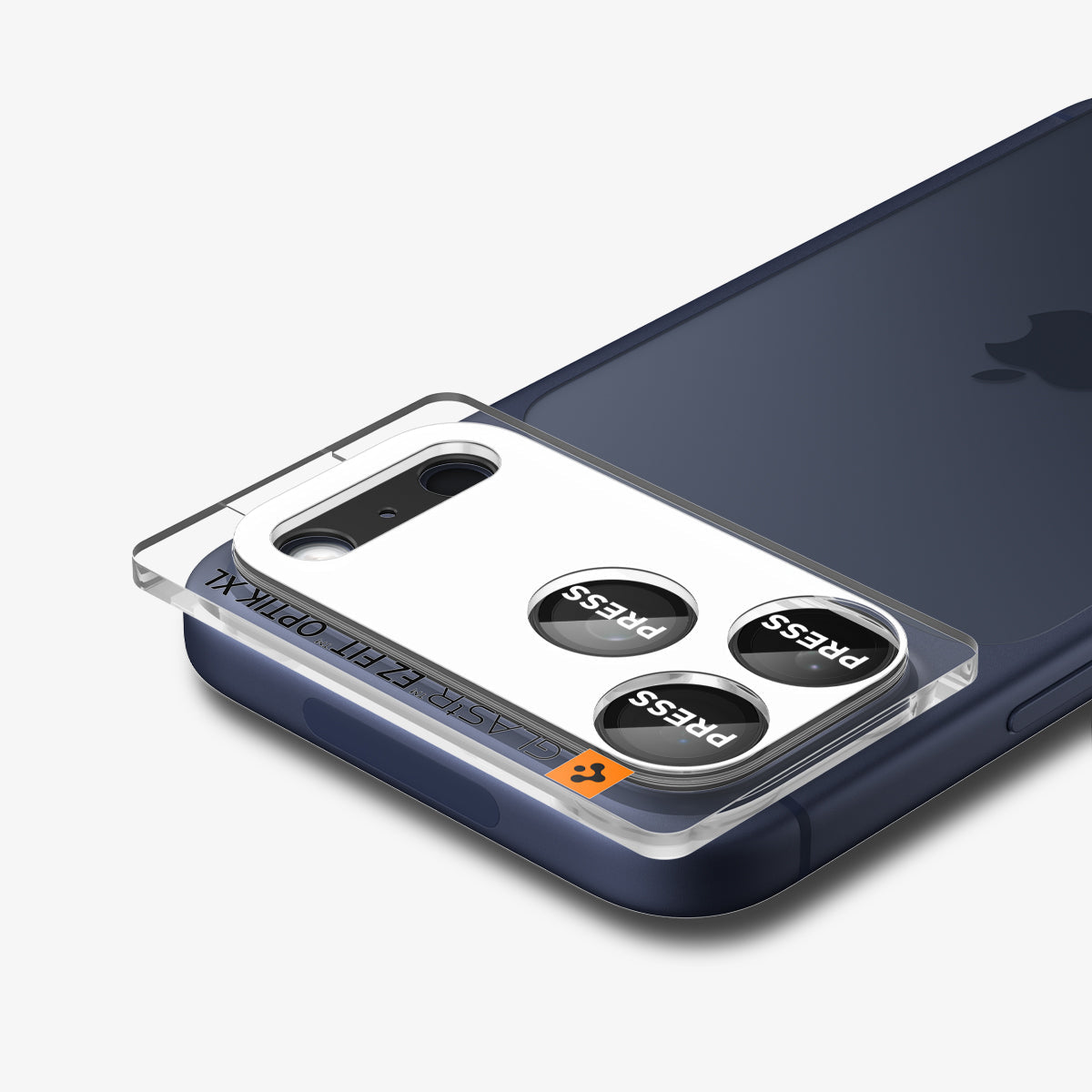 AGL10644 - iPhone 17 Pro Optik Pro XL EZ Fit Lens Protector in black showing the back, partial side and top with lens screen protector tray attached