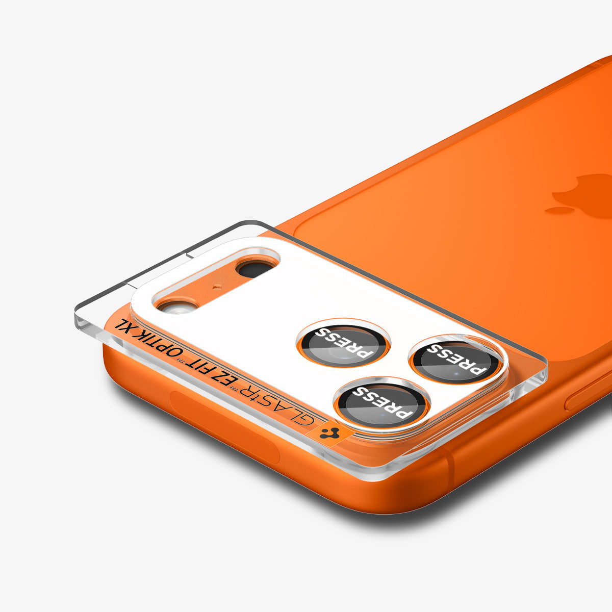 AGL10650 - iPhone 17 Pro Max Optik Pro XL EZ Fit Lens Protector in orange showing the back, partial side and top with lens screen protector tray attached