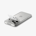 AGL10647 - iPhone 17 Pro Optik Pro XL EZ Fit Lens Protector in silver showing the back and partial side with lens screen protector partially hovering above