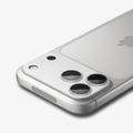 AGL10652 - iPhone 17 Pro Max Optik Pro XL EZ Fit Lens Protector in silver showing the back, partial top and side zoomed in with lens screen protector 