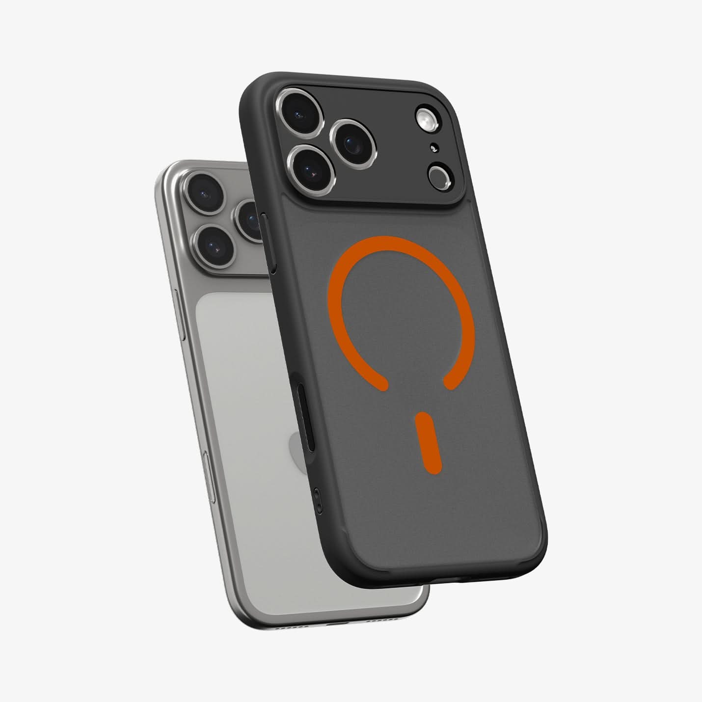 ACS10480 - iPhone 17 Pro Max Ultra Hybrid (MagFit) in Frost Black Orange showing the front of layer hovering above the magfit magnet plate and the case